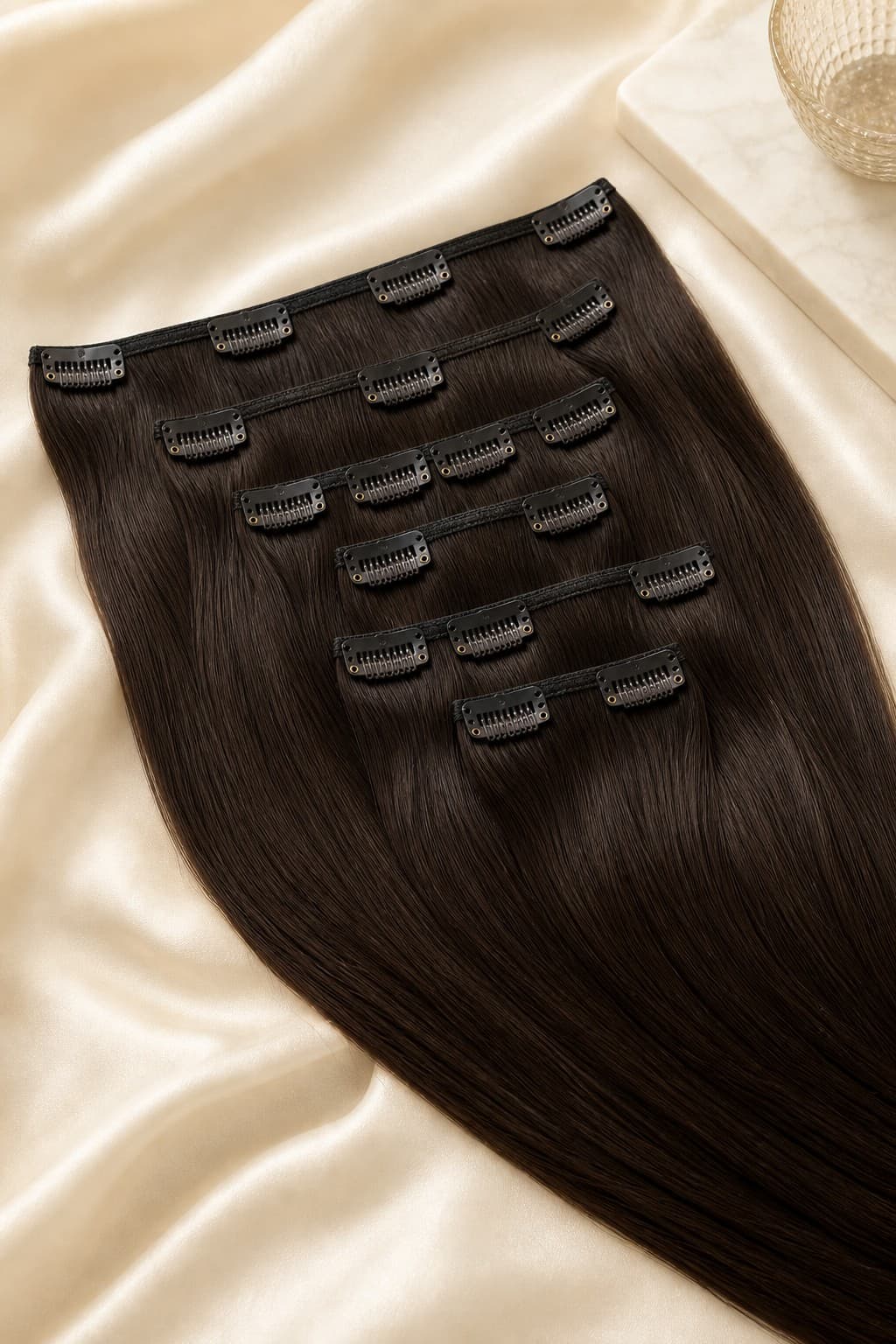 Clip in remy hair extension set laid flat